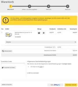 „Warenkorb“ inkl. "AGB-Zustimmung" im Nachsendeauftrag-Online-Formular im Shop der Deutschen Post