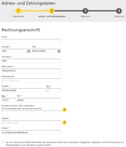 Eingabefeld „Rechnungsanschrift“ im Nachsendeauftrag-Online-Formular im Shop der Deutschen Post