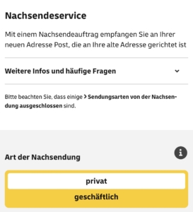 Eingabefeld „Auftragsart“ im Nachsendeauftrag-Online-Formular im Shop der Deutschen Post