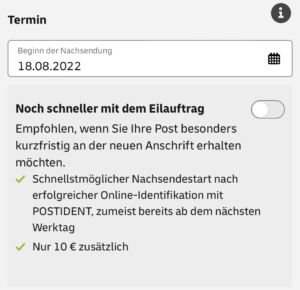Eingabefeld „Starttermin“ im Nachsendeauftrag-Online-Formular im Shop der Deutschen Post
