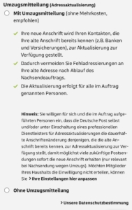 Eingabefeld „Umzugsmitteilung“ im Nachsendeauftrag-Online-Formular im Shop der Deutschen Post